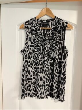 INC Sleeveless Ruffle Tie-Neck Leopard Print Camisole - Black & White Top